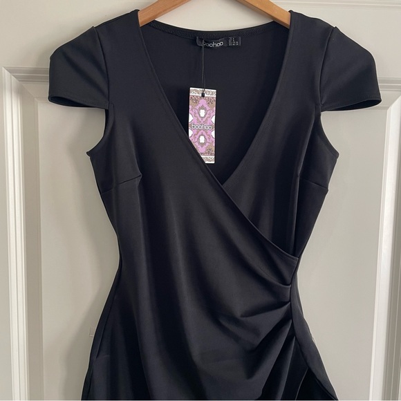 Boohoo Black Asymmetrical Wrap Dress Rushed Waist Little Black Dress Cap Sleeves - Picture 12 of 16
